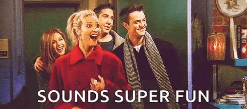 a group of people standing next to each other with the words " sounds super fun " written above them .