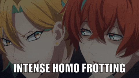 a picture of two anime characters with intense homo frothing written above them