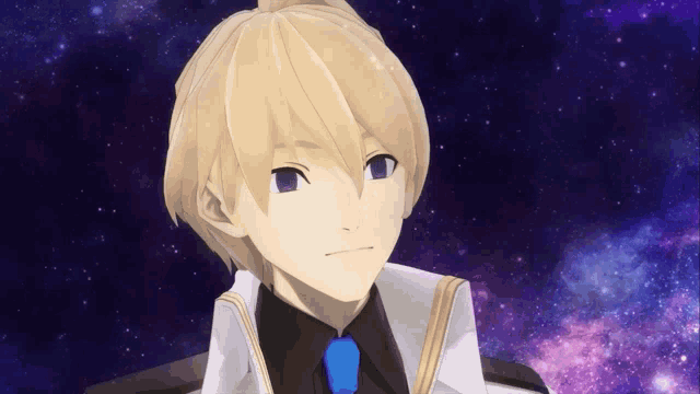 a cartoon character with blonde hair and blue eyes is standing in front of a galaxy