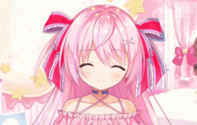 a girl with pink hair and a red bow on her head