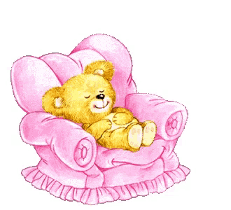 a teddy bear sits in a pink chair and says have a great day hope you