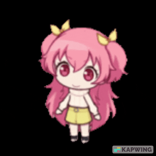 a little girl with pink hair and yellow bows on her hair is on a black background .