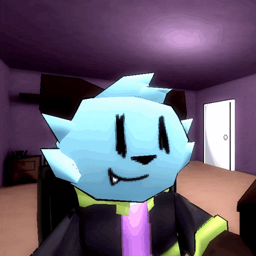 a cartoon character is sitting in a room with purple walls and a white door
