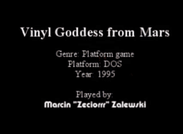 a woman is sitting in front of a sign that says start game restore story game options order info credits exit to dos demo