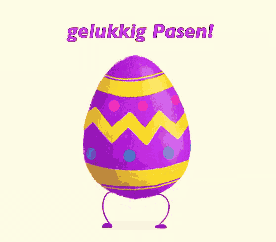 a purple and yellow easter egg with the words gelukkig pasen