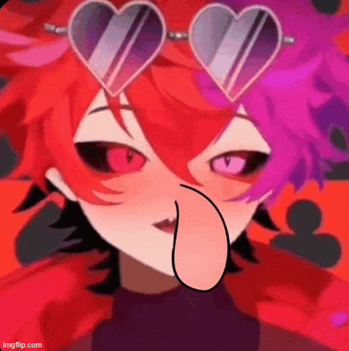 a cartoon girl with red hair and purple eyes is wearing heart shaped sunglasses .