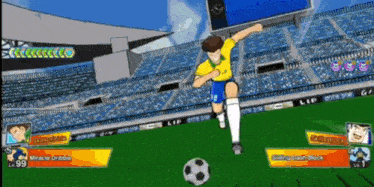 a soccer player is kicking a soccer ball on a field