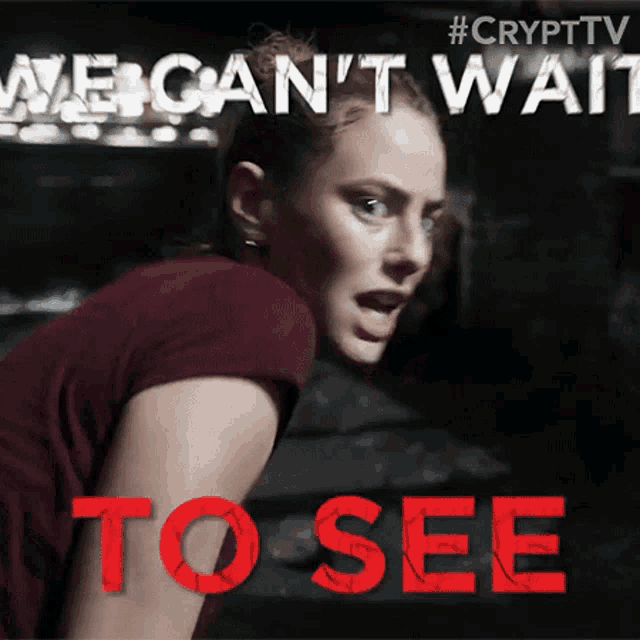 a woman in a red shirt with the words we can 't wait to see below her