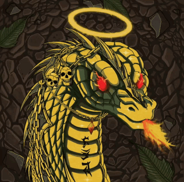 a drawing of a dragon with a halo and skulls on it