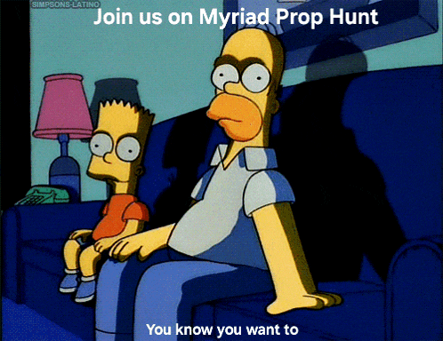bart simpson and homer simpson sitting on a couch with the words join us on myriad prop hunt below them
