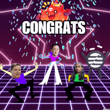 a congratulations poster with cartoon characters and a devil