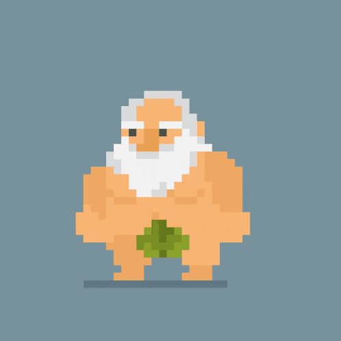a pixel art drawing of a man with a beard and a green leaf on his leg
