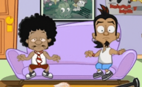 two cartoon characters standing next to a purple couch with a poster on the wall that says skateboard bicycles