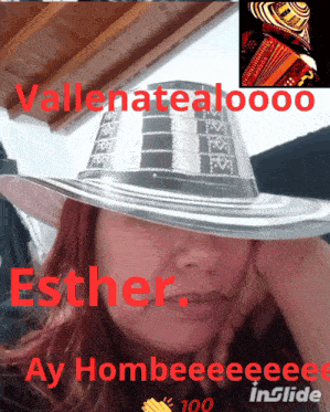 a woman wearing a hat with the name esther written in red