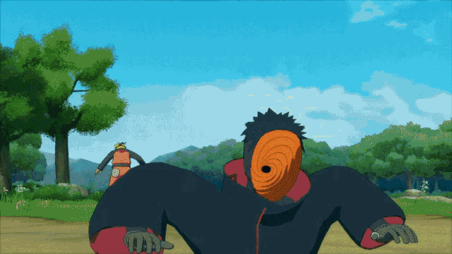 a cartoon character with a mask on his face is standing in a field