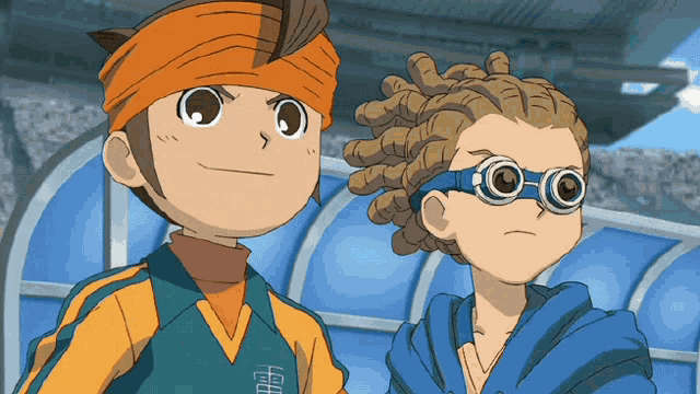two cartoon characters one wearing goggles and the other with a bandana on his head