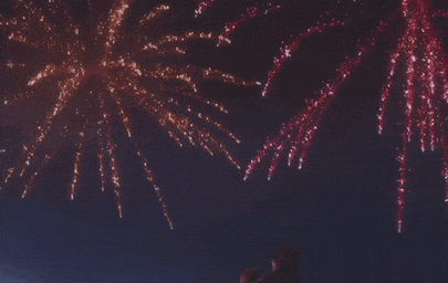 a man and a woman are looking at fireworks over a body of water