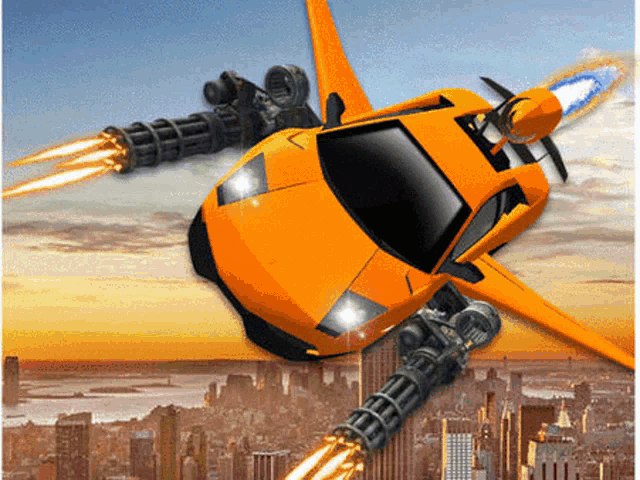a yellow car with a gun on the side is flying through the air over a city