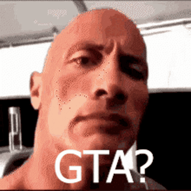 a close up of a bald man 's face with the words gta ? written on it .