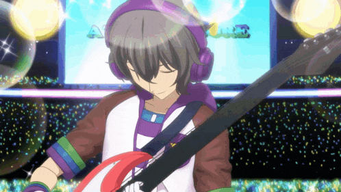 a person wearing headphones and holding a guitar in front of a screen that says alone