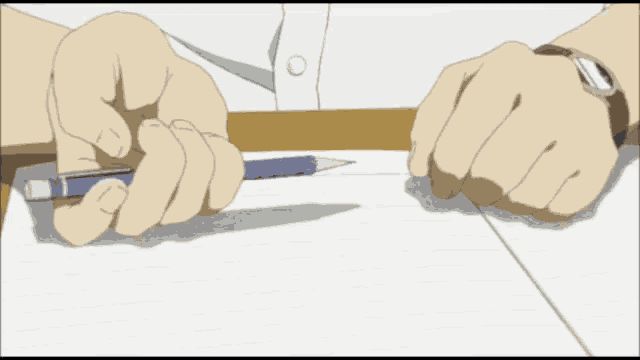 a person is writing on a piece of paper with a blue pen