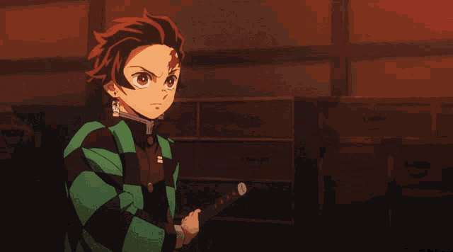 a boy in a plaid shirt is holding a sword in his hand