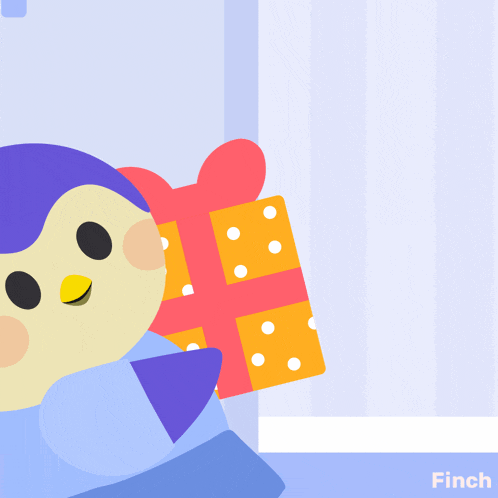 an illustration of a penguin holding a gift box with the word finch on the bottom