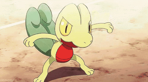 a cartoon lizard is standing on a dirt field and looking at the camera .