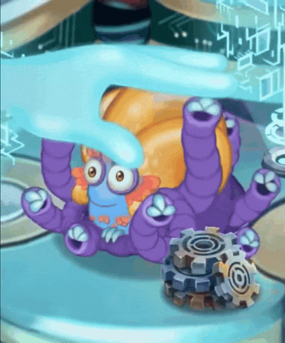 a purple and orange cartoon character is being held by a hand