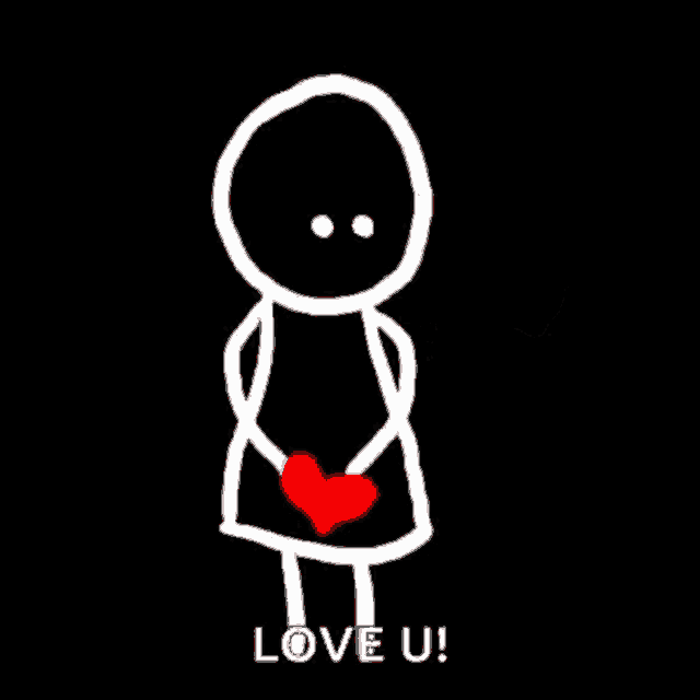 a stick figure is holding a string of red hearts and saying `` love you '' .