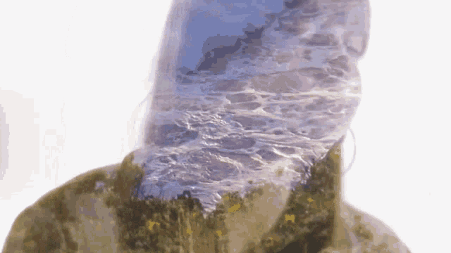 a double exposure of a person 's face with a landscape behind it