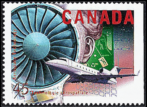a postage stamp from canada shows an airplane and a fan