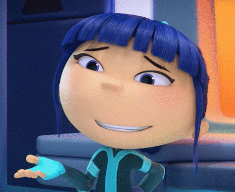 a close up of a cartoon character with blue hair and the letter r on her shirt