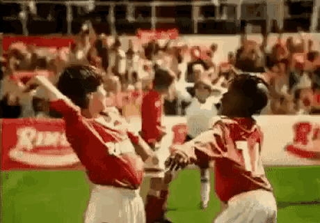 two soccer players are celebrating a goal on a field .