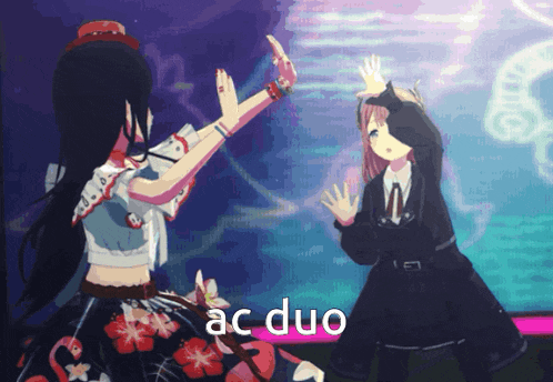 two anime girls are dancing together and the words ac duo are on the bottom right