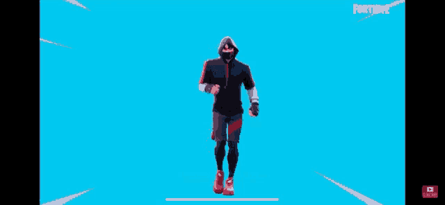 a man in a hoodie is dancing in front of a blue background with the word fortnite on it