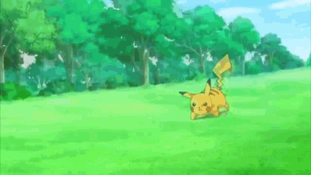 a pikachu is running in a grassy field with trees in the background