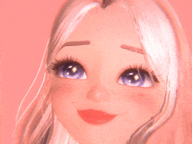 a close up of a cartoon girl 's face with a pink background