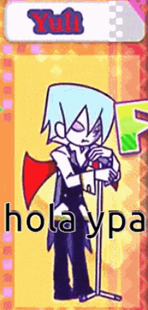 a cartoon character is standing in front of a microphone with the words hola ypa on the bottom