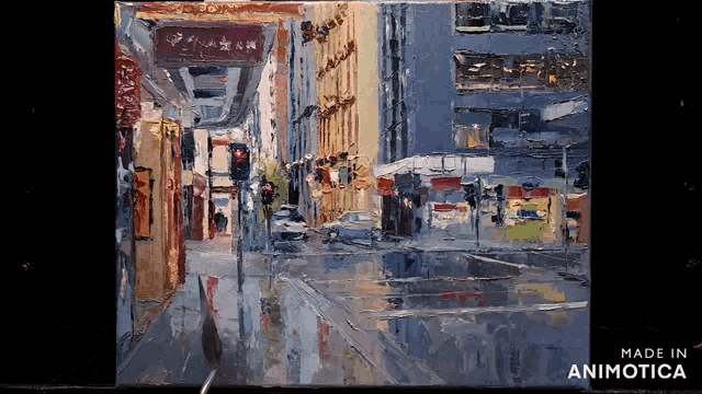 a painting of a city street with the words made in animotica below it