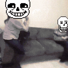 a pixel art of a person with a skull on their face sitting on a couch