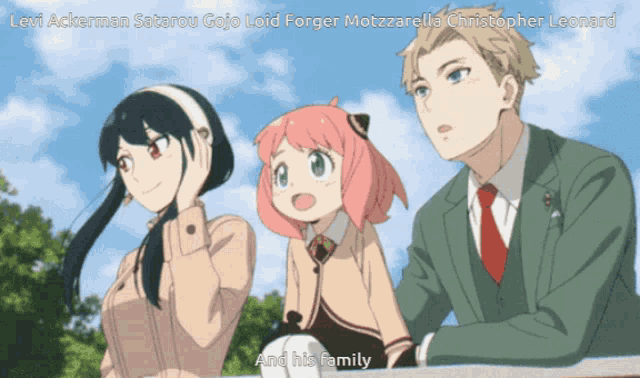 a group of anime characters including levi ackerman satarou gojo loid forger motzzarella christopher leonard and his family