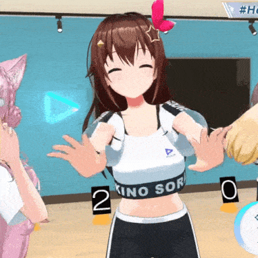 a girl in a video game is wearing a crop top with the word kino sor on it