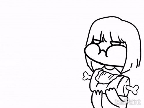 a black and white drawing of a girl holding a bone and a heart .