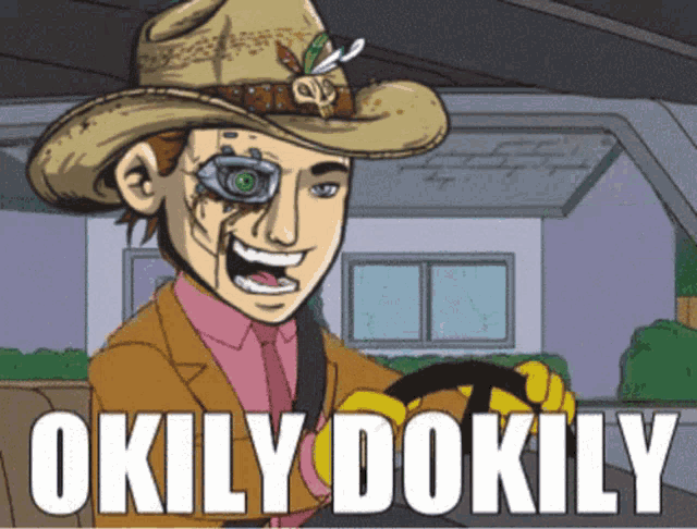 a cartoon of a man wearing a cowboy hat with the words okly dokily on the bottom