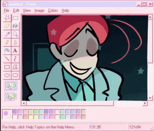 a computer screen shows a cartoon of a man smiling