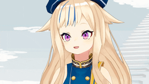 a cartoon girl with blonde hair and a blue hat is smiling with chinese writing below her