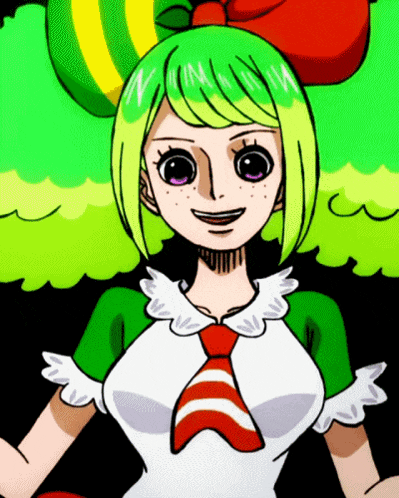 a drawing of a girl with green hair and a red and white tie