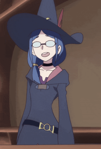 a witch wearing glasses and a blue hat with a bow on the belt