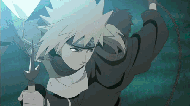 a cartoon character is holding a sword and a chain in his hand